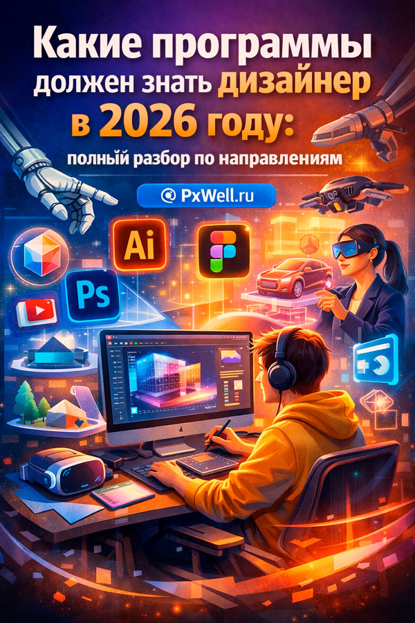 Дизайнер за компьютером с инструментами Photoshop, Illustrator, Figma, After Effects и 3ds Max
